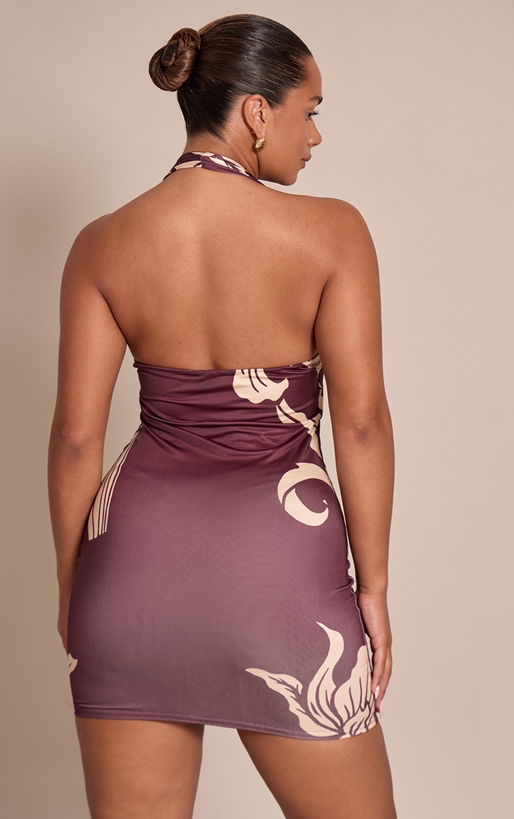 Shape Plum Orchid Print Slinky Halterneck Mini Dress image 2