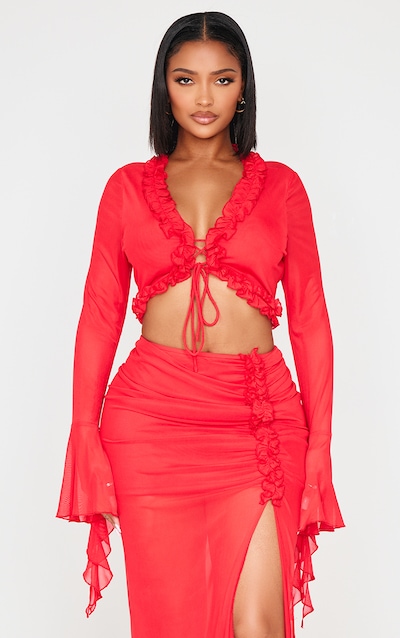 Shape Red Tie Front Frill Edge Flare Sleeve Top