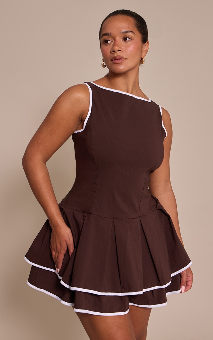 Shape chocolate Contrast Binding Boat Neck Pleated Hem Mini Dress image 1