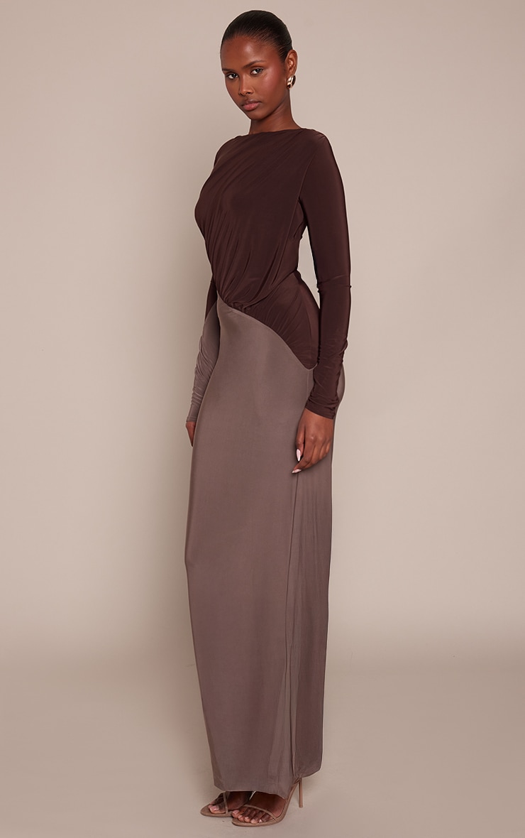 Chocolate Slinky Contrast Panel Long Sleeve Maxi Dress image 3