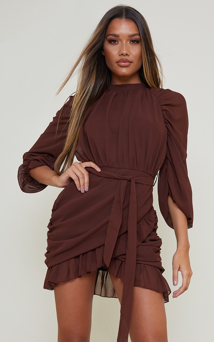 Chocolate Chiffon Ruched Sleeves Frill Hem Bodycon Dress