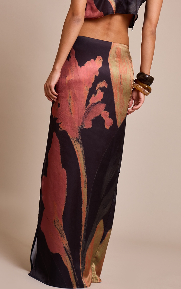 Black Floral Printed Satin Maxi Skirt image 3