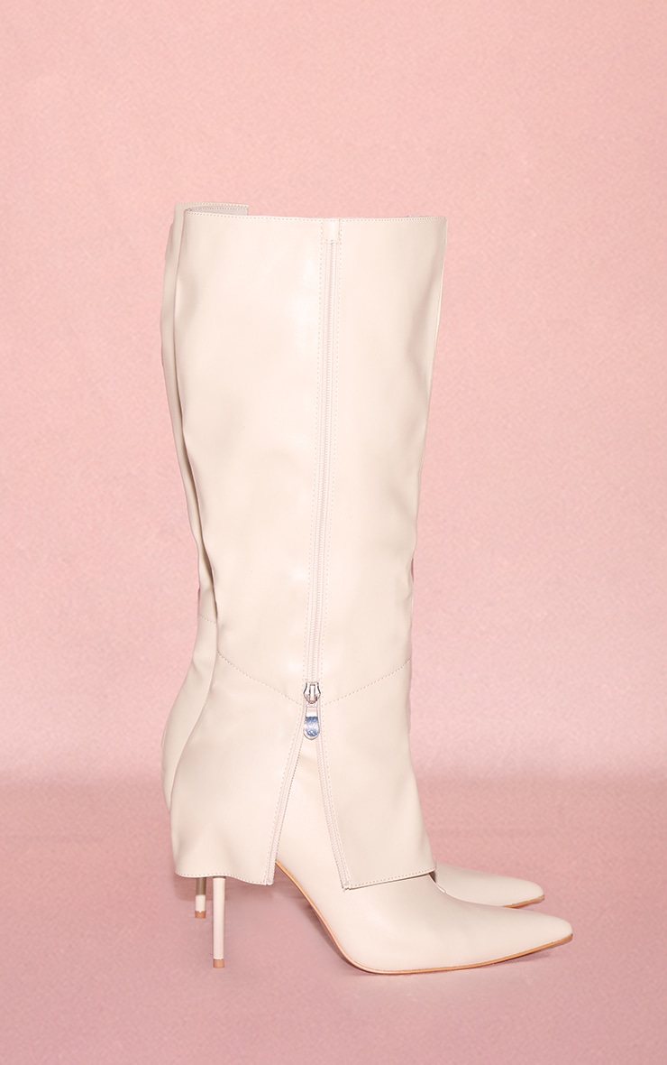 Cream PU Point Toe Fold Over Zip Detail High Stiletto Heeled Boots image 1