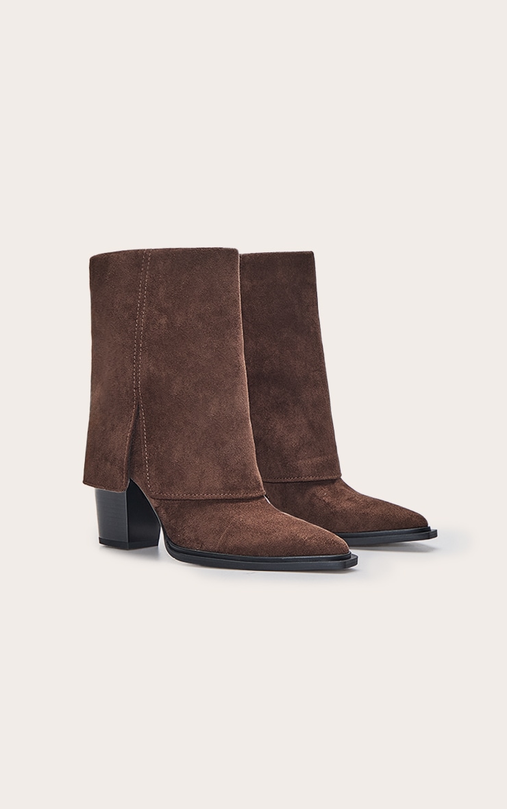  Brown Faux Suede Zip Up Heeled Ankle Cowboy Boot image 3