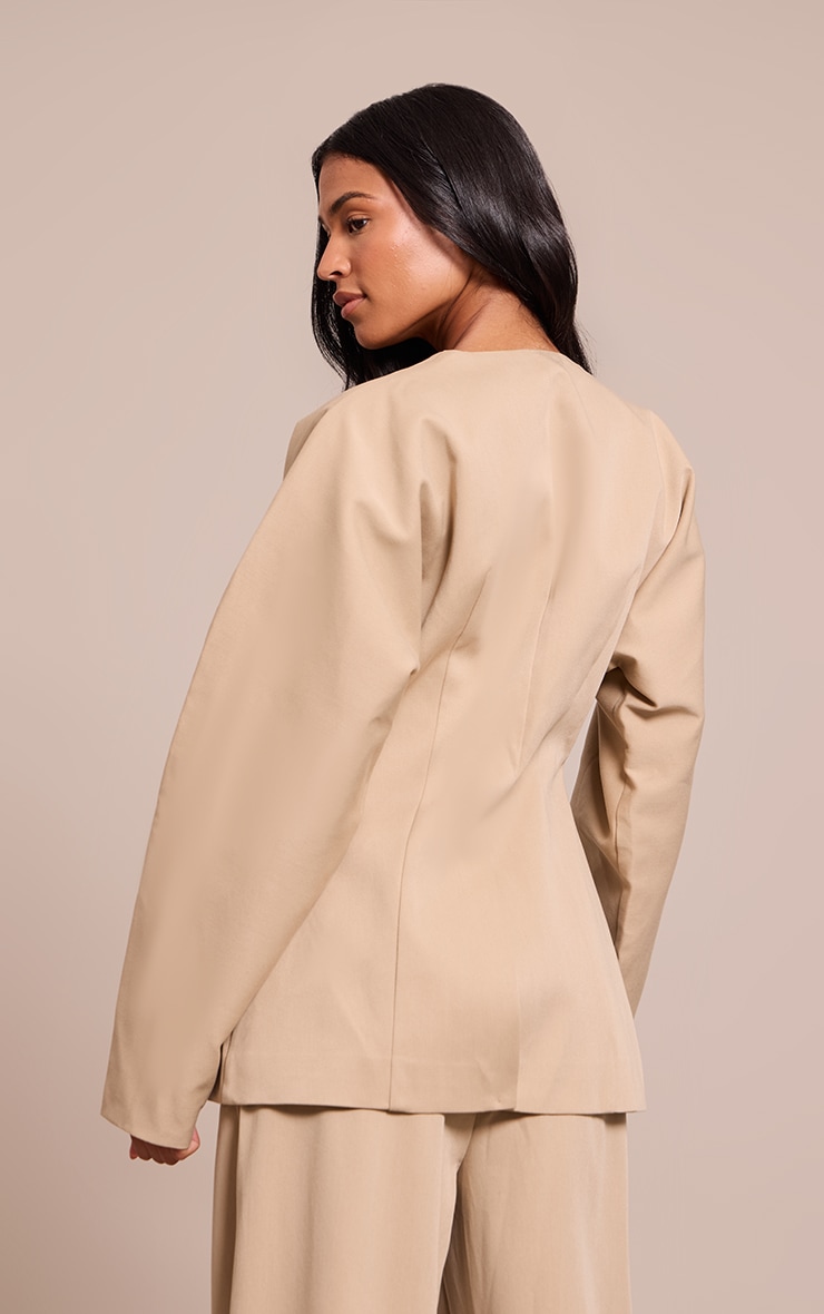 Tall Sand Premium Woven Tailored Collarless Blazer image 2