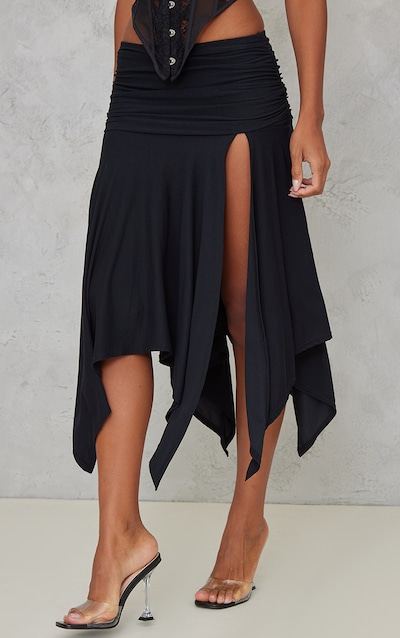 Black Soft Touch Ruched Asymmetric Midi Skirt