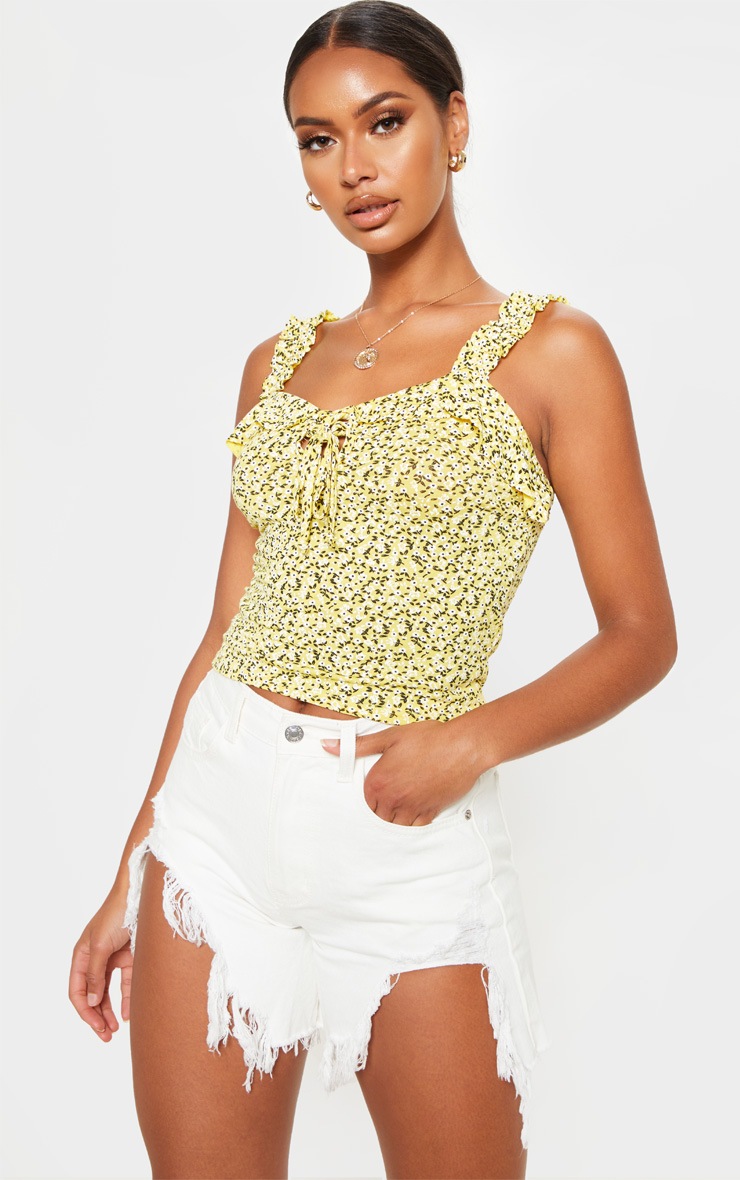 Top à petites fleurs jaune froncé
