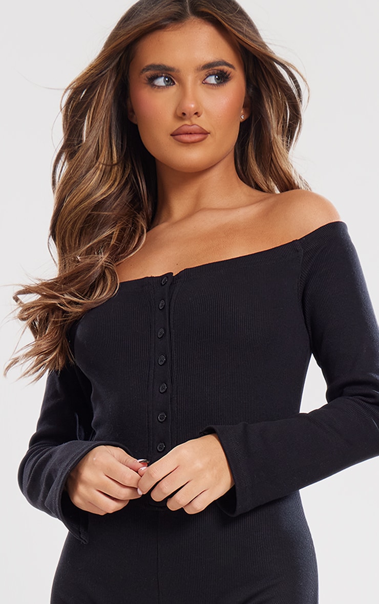 Black Off The Shoulder Button Front Ribbed Jumpsuit image 4