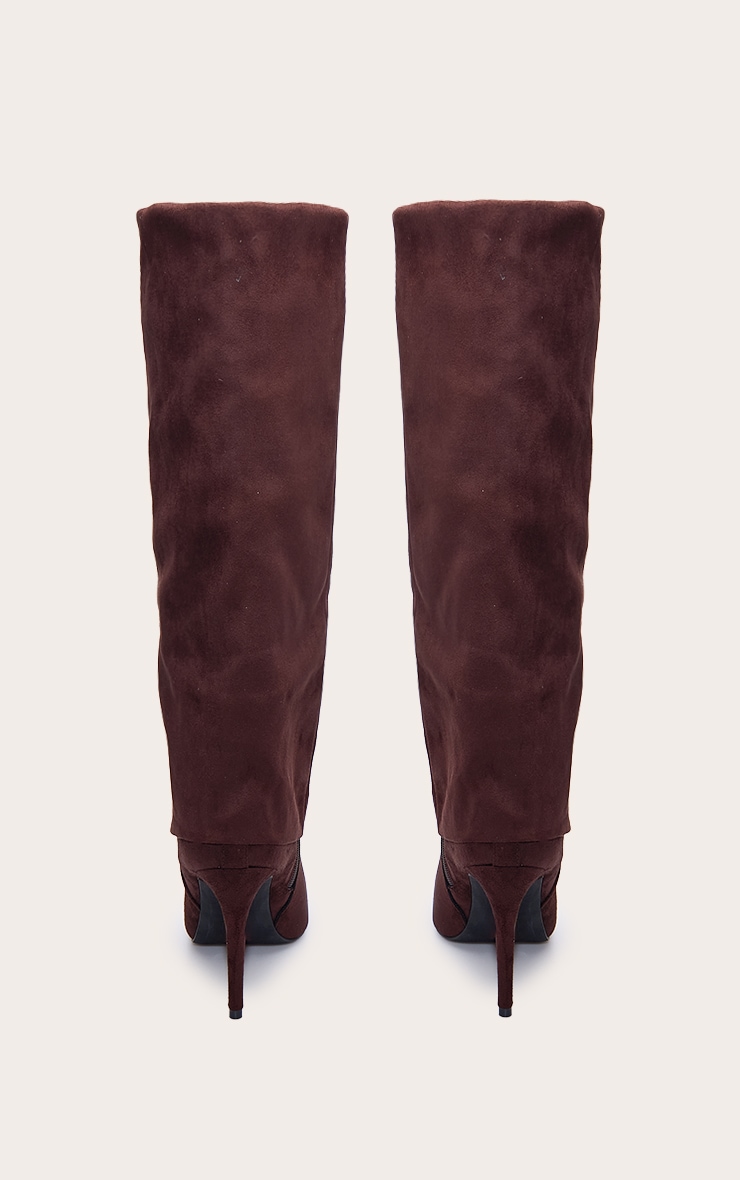 Chocolate Faux Suede Point Toe Fold Over High Heeled Calf High Boots image 4