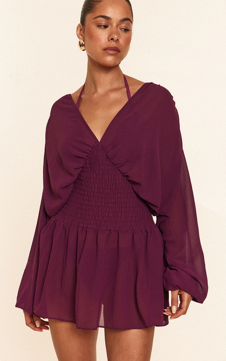 Purple Chiffon Shirred Waist Mini Beach Dress image 1
