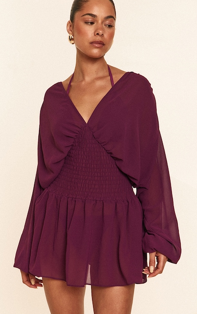 Mini robe de plage en mousseline de soie violette à taille froncée