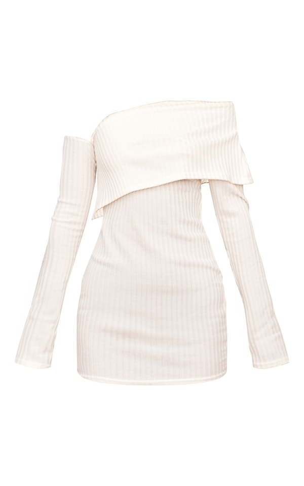 Stone Ribbed Long Sleeve One Shoulder Asymmetric Bardot Mini Dress