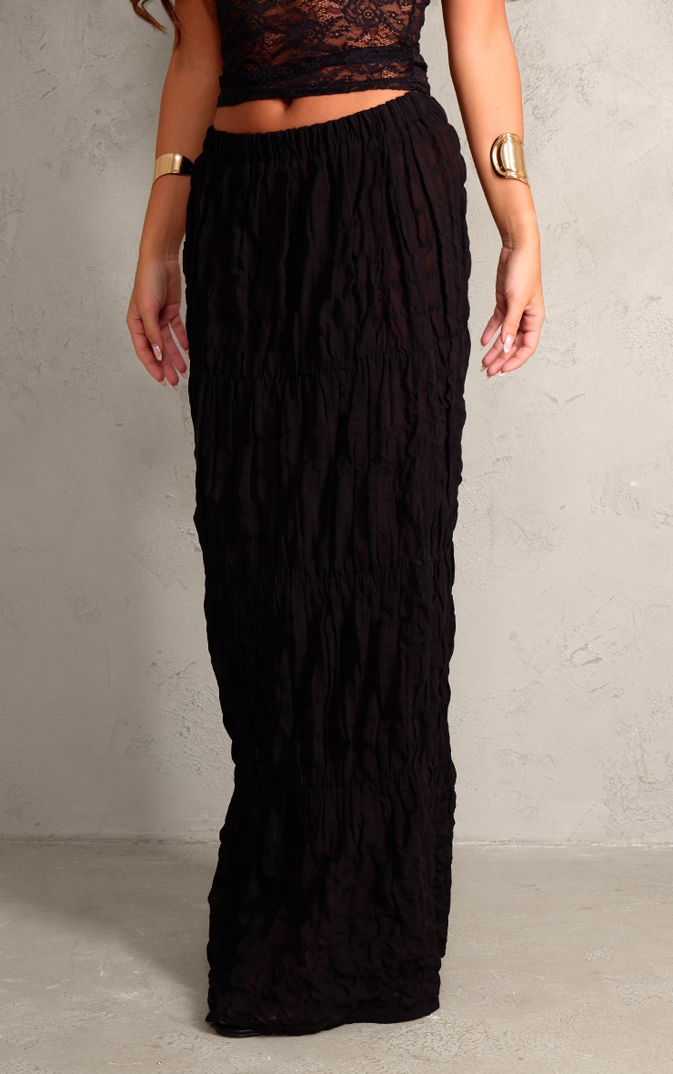 Black Bubble Mid Rise Textured Maxi Skirt image 2
