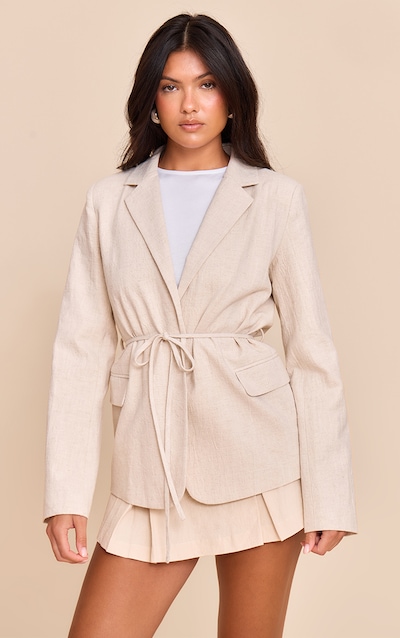 Blazer en effet lin gris pierre à taille nouée