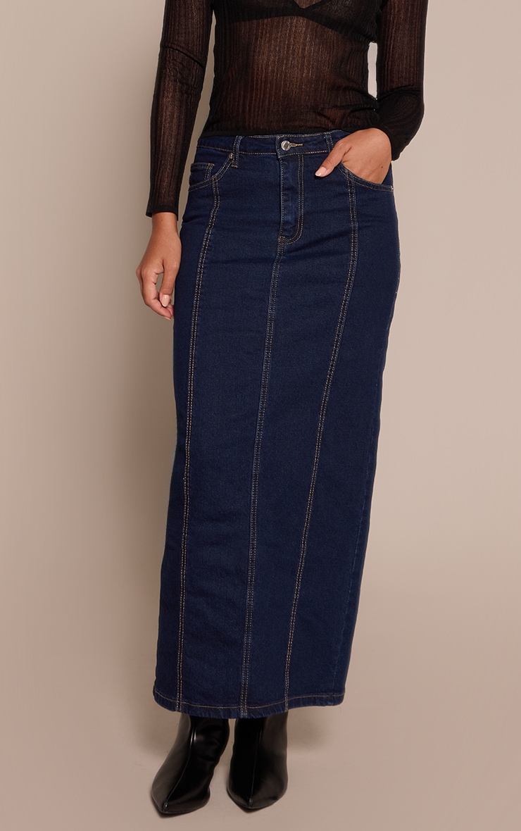 Indigo Mid Rise Seam Detail Maxi Denim Skirt image 2