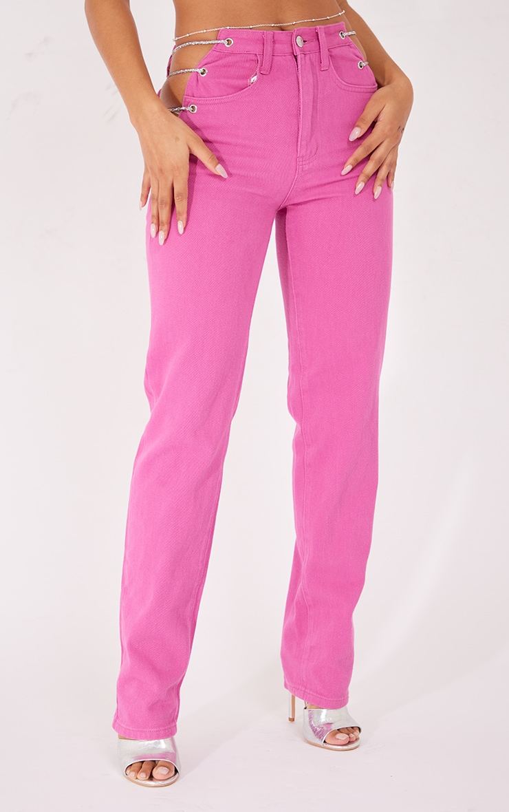 Jean rose vif à lacets sur les côtés strassés PrettyLittleThing FR
