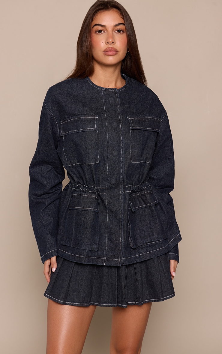 Indigo Round Neck Pocket Front Cinch Denim Jacket