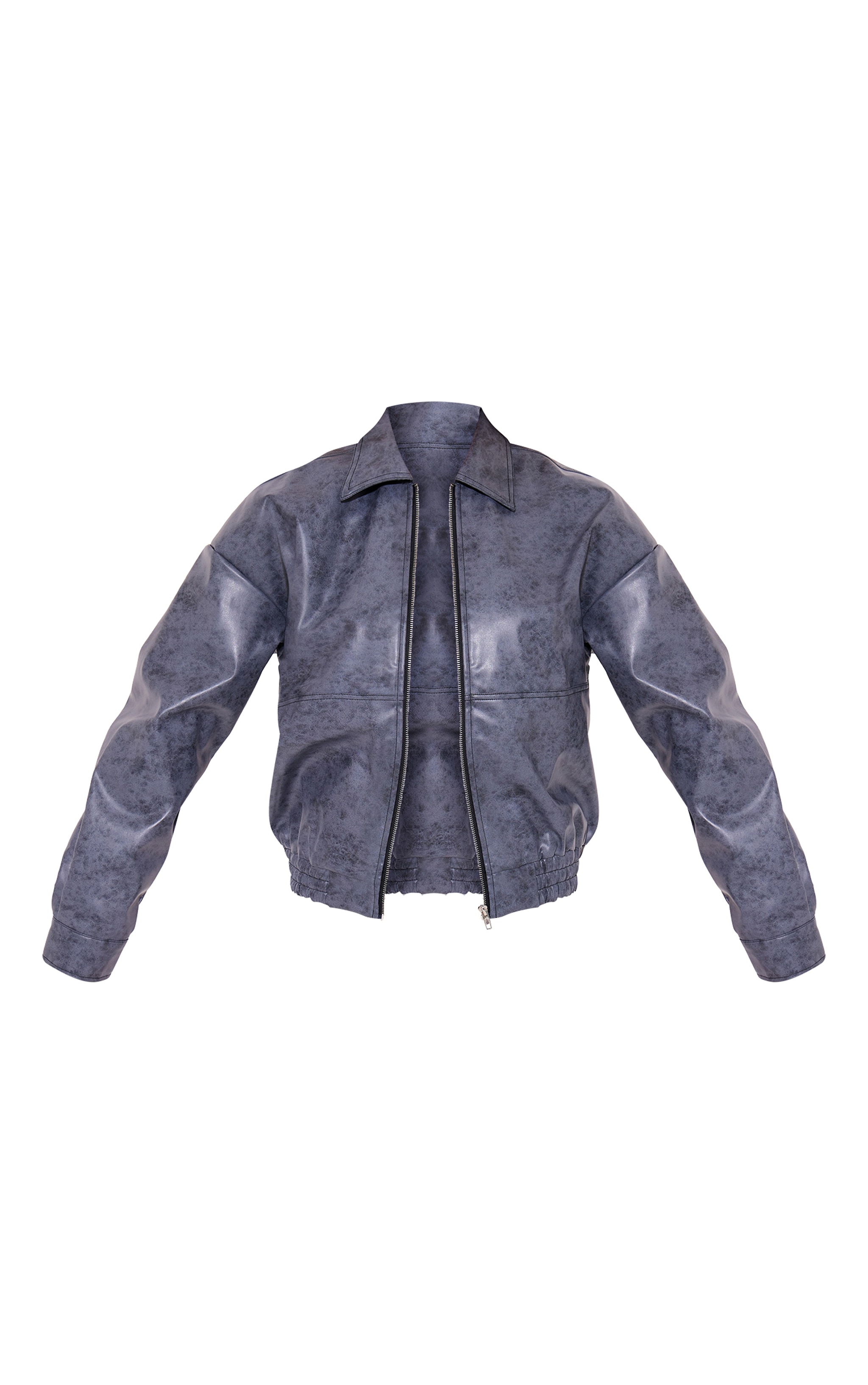 Blue Grey Distressed Faux Leather Zip Up Oversized Jacket image 5