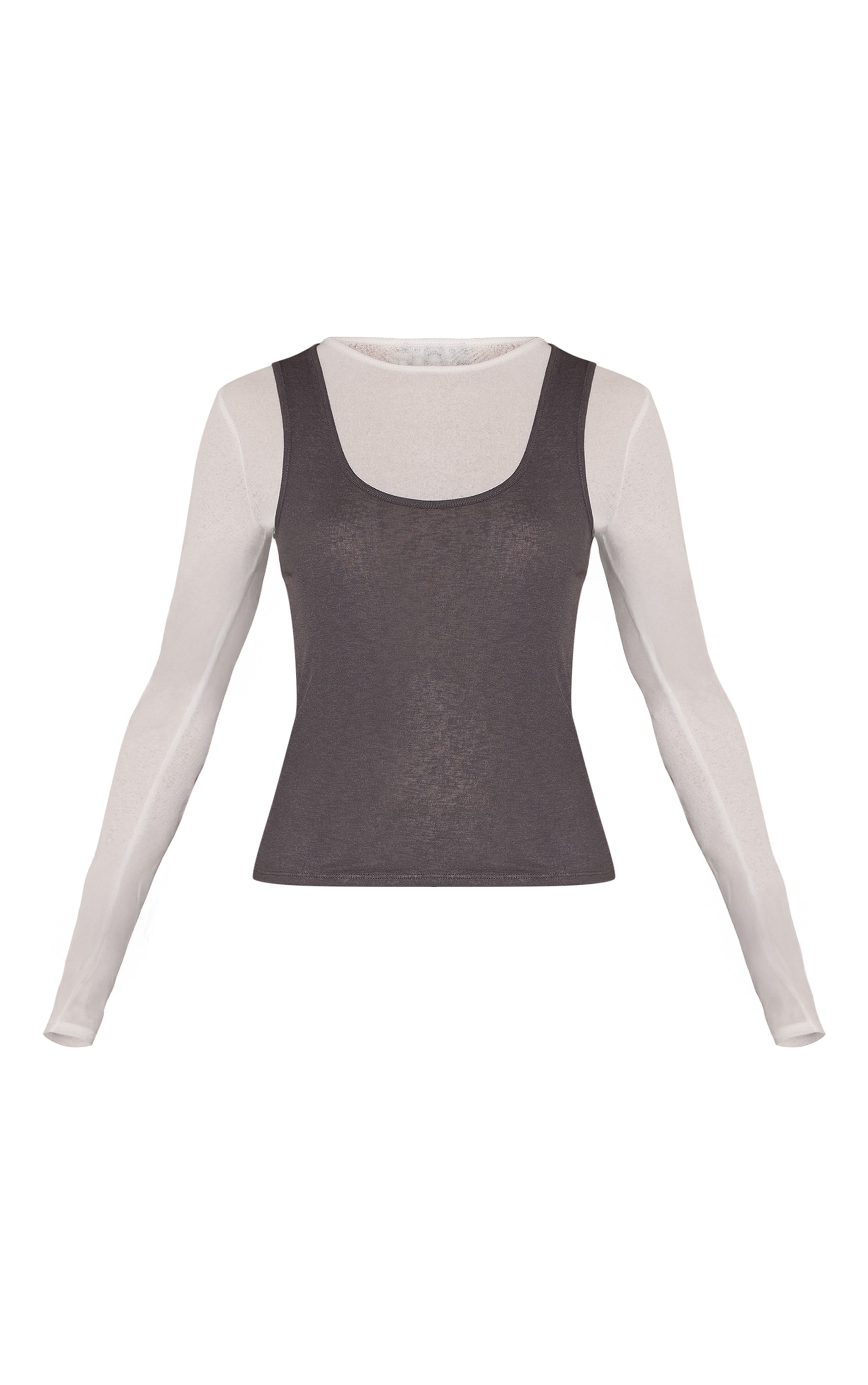 Grey Contrast Burnout Mesh Overlay Detail Long Sleeve Top image 5