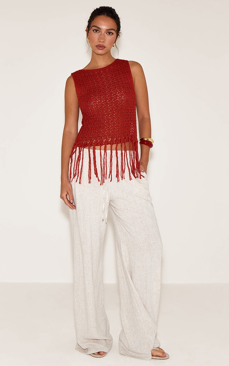 Rust Crochet Boat Neck Fringe Top image 3