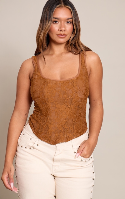 Shape Chocolate Lace Square Neck Longline Corset Top
