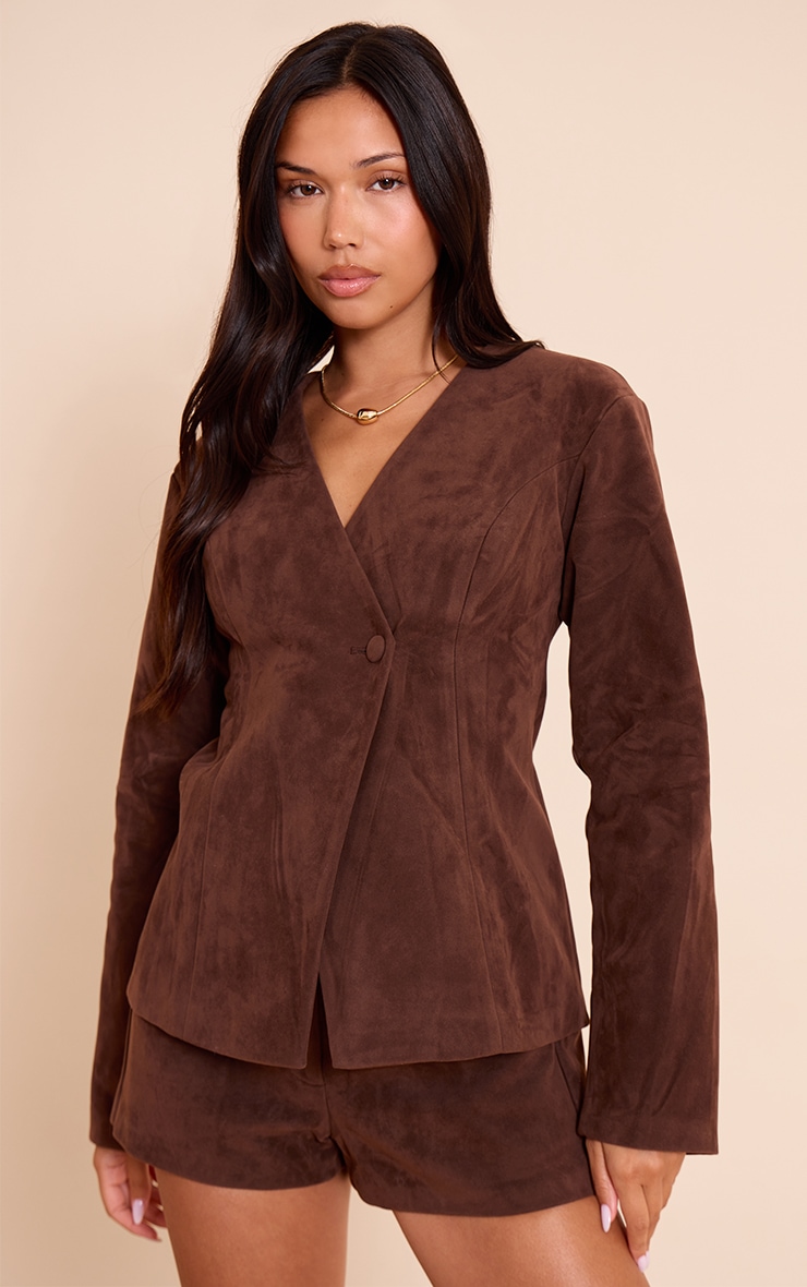 Dark Brown Structured Faux Suede Tailored Shorts image 4