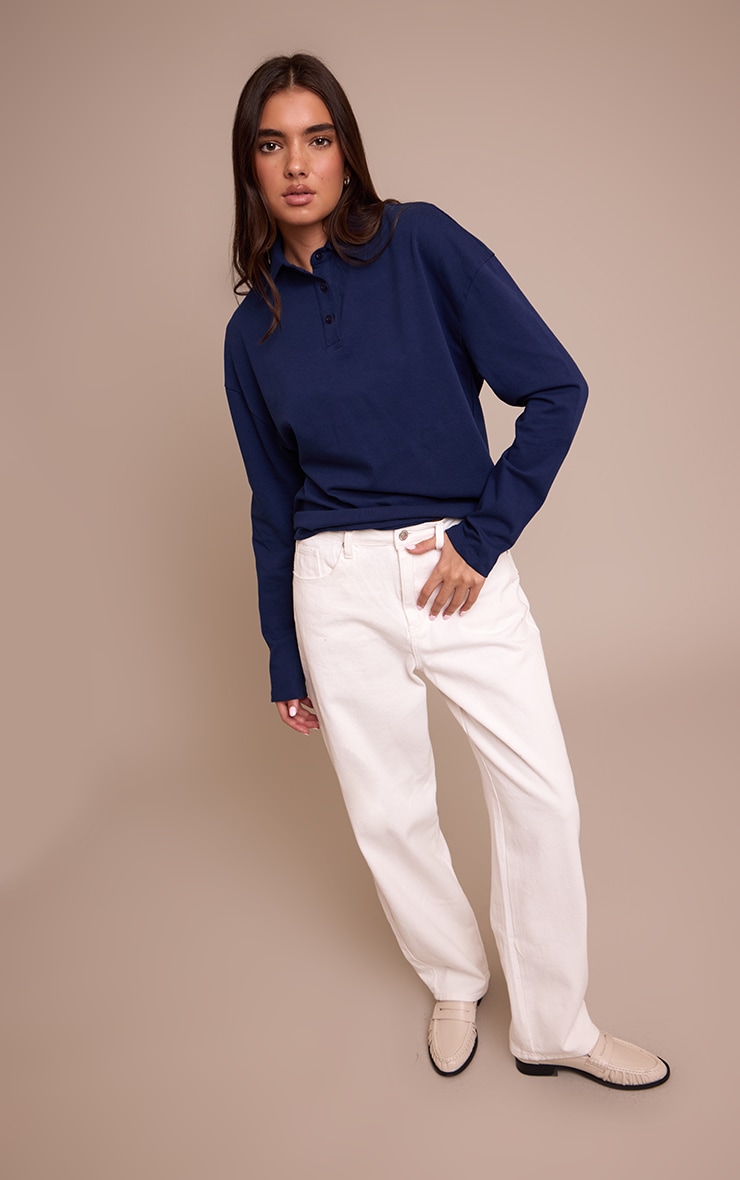Navy Cotton Polo Collar Long Sleeve Top image 3