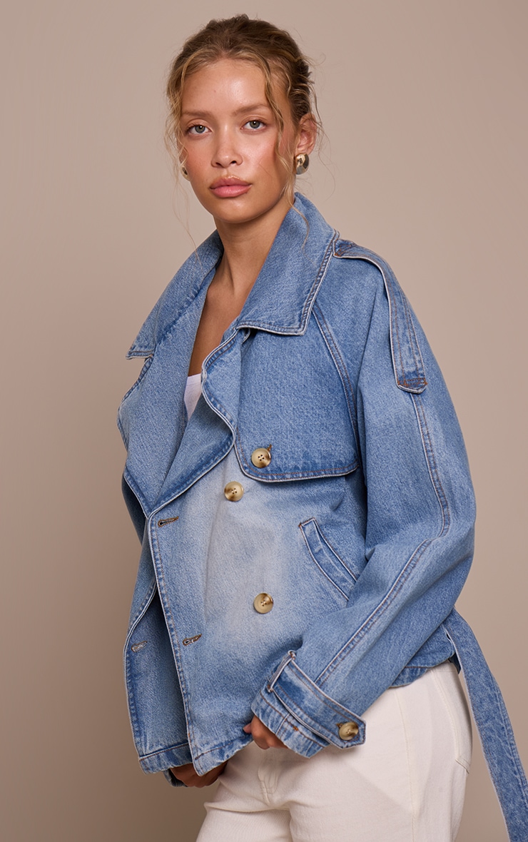 Mid Blue Wash Belted Cropped Button Detail Denim Trench image 4