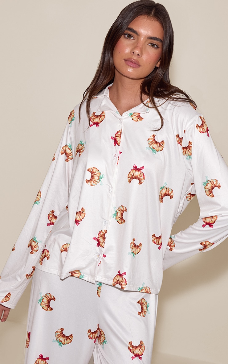 Cream Bow Croissant Long Sleeve Button Through PJ Set image 4