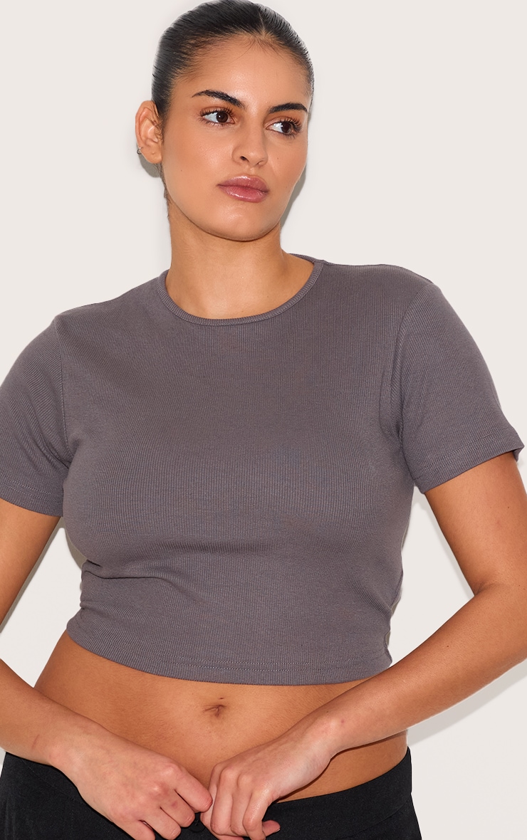Plus Charcoal Grey Basic Rib Short Sleeve Crop Tops image 4
