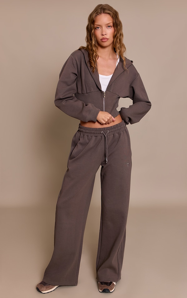 Charcoal Embroidered Interlock Rib Panel Wide Leg Track Pants