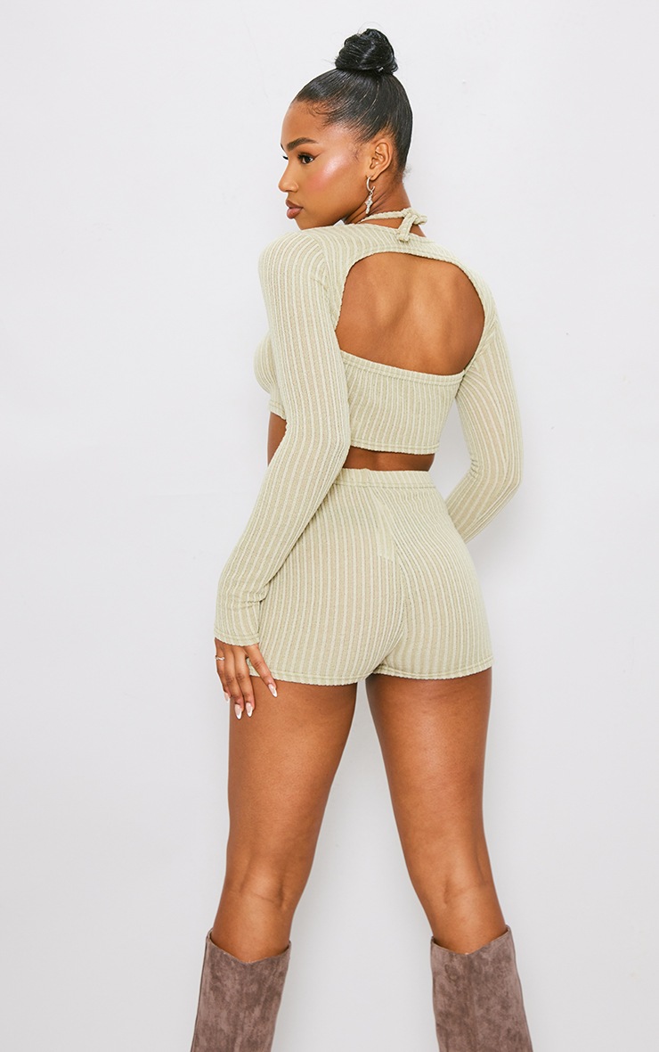  Sage Khaki Textured Rib Halterneck Keyhole Crop Top With Shrug image 2