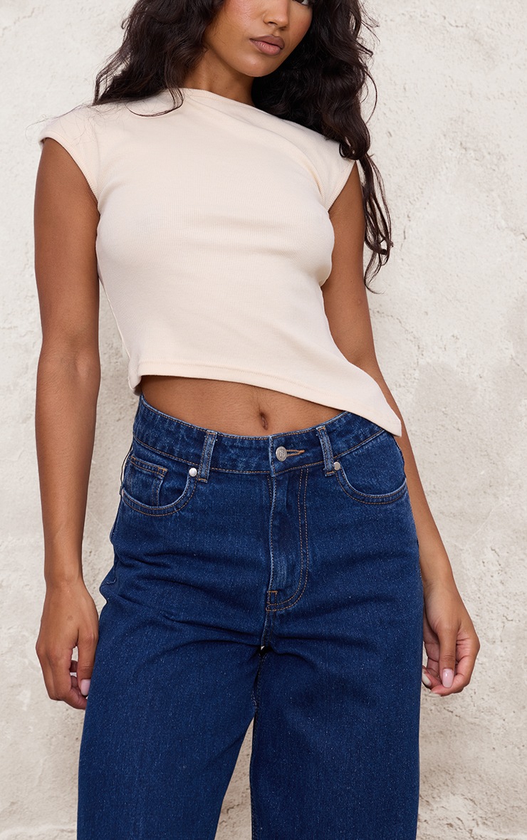 Cream Ribbed Knitted Asymmetric Long Top image 4