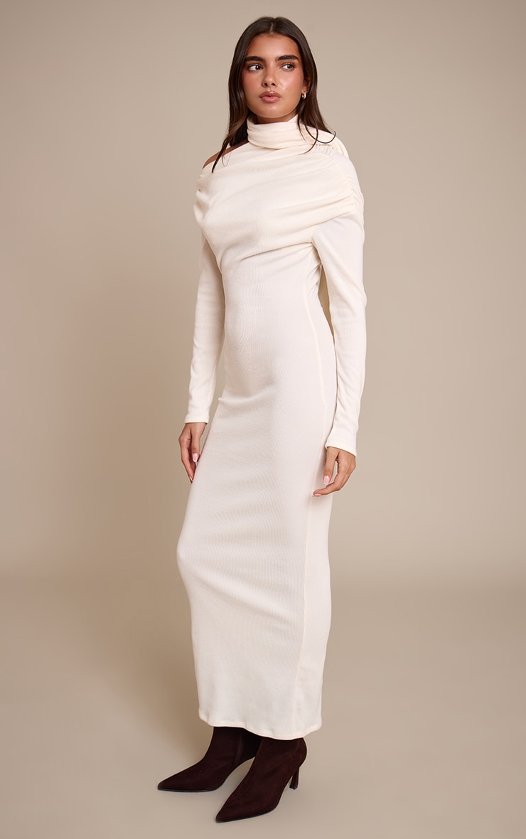 Cream Brushed Rib Scarf Detail Long Sleeve Asymmetric Ruched Maxi Dress image 3