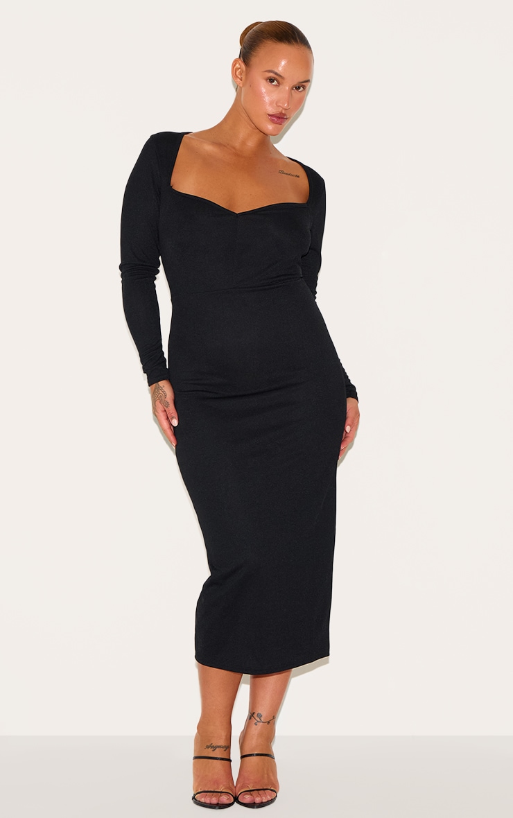 Plus Black Sweetheart Neck Long Sleeve Midi Dress image 1