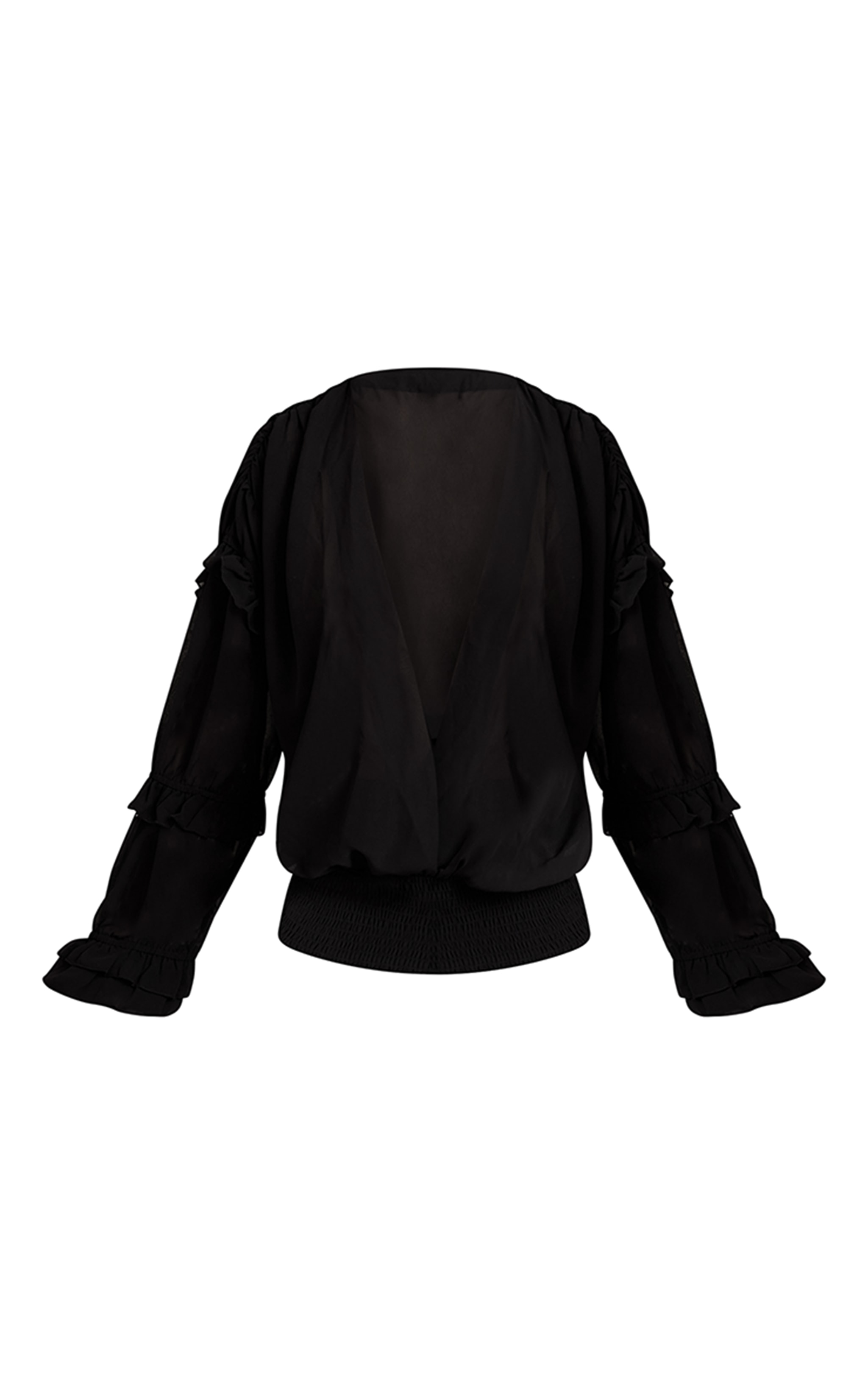 Blouse noire en mousseline de soie, à décolleté plongeant et détails à volants. image 5