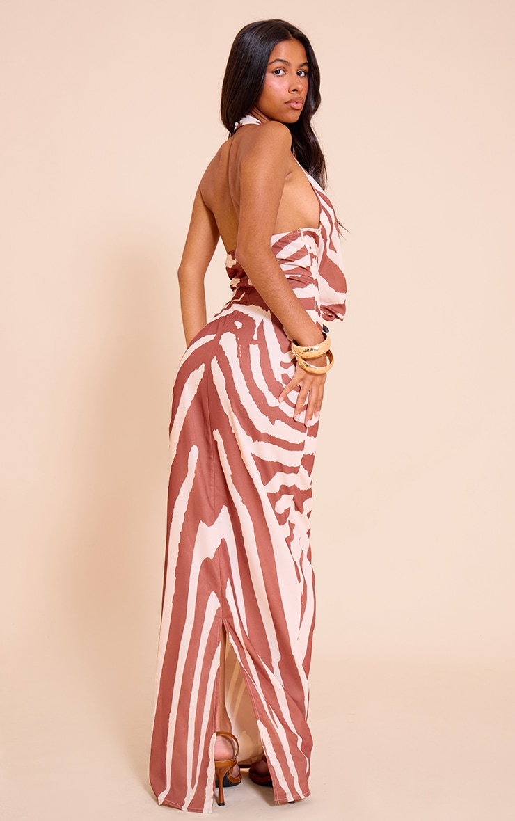 Petite Deep Tan Zebra Abstract Print Chiffon Cowl Neck Maxi Dress image 2