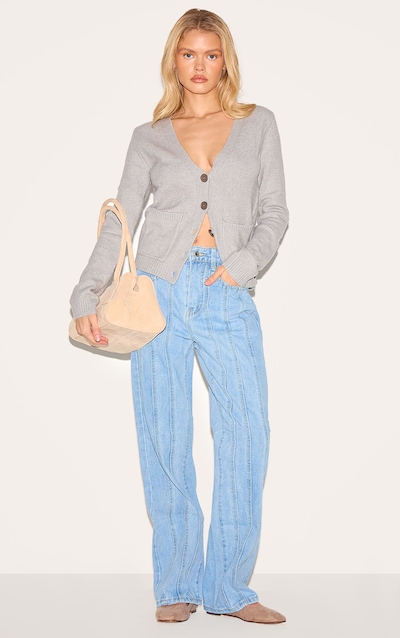 Light Blue Wash Panelled Seam Detail Straight Leg Jeans