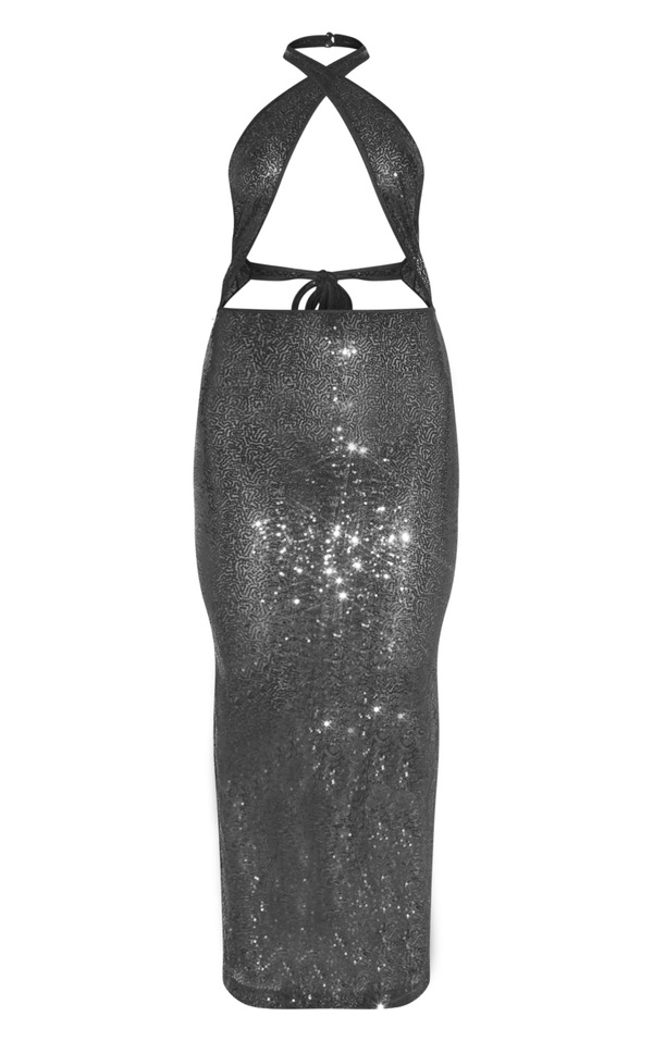 Robe longue découpée transparente noire à sequins et buste croisé image 5