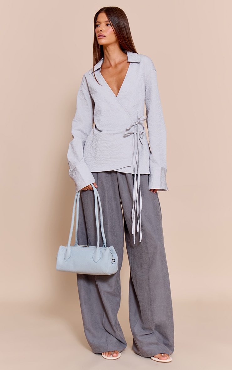 Light Blue Textured Wrap Tie Shirt image 3