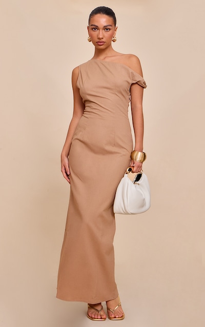 Robe longue taupe à nœud à l'épaule