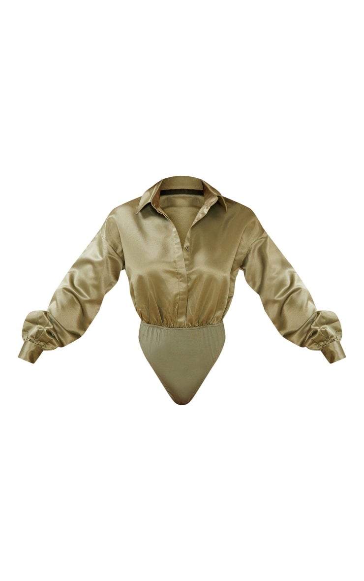  Olive Structured Satin Shirt Detail Bodysuit image 5
