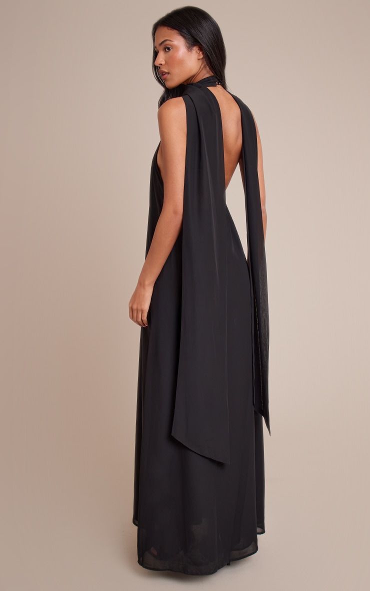 Tall Black Chiffon High Neck Scarf Detail Maxi Dress image 2