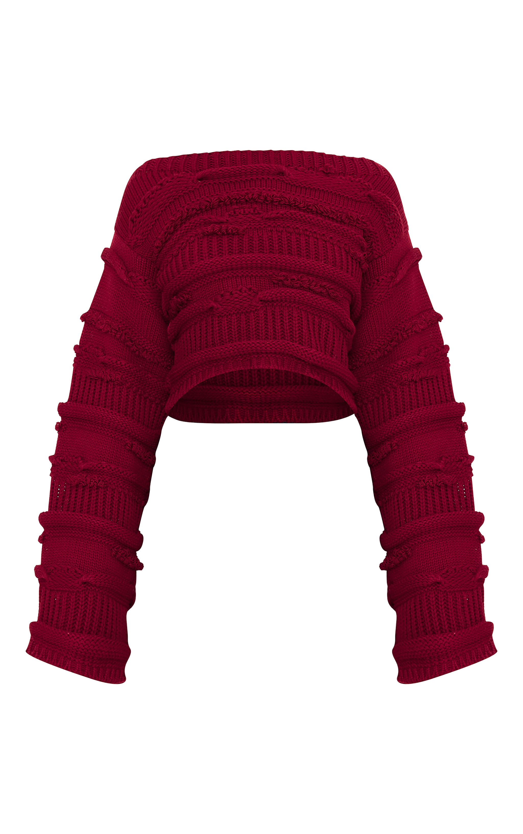  Dark Red Chunky Raised Contrast Knit Cropped Wide Neck Sweater image 5
