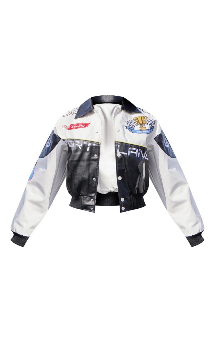 White Contrast Panel Racer Graphic Faux Leather Bomber Jacket image 5