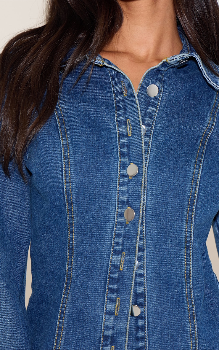 Petite Mid Blue Wash Long Sleeve Fitted Denim Shirt image 4