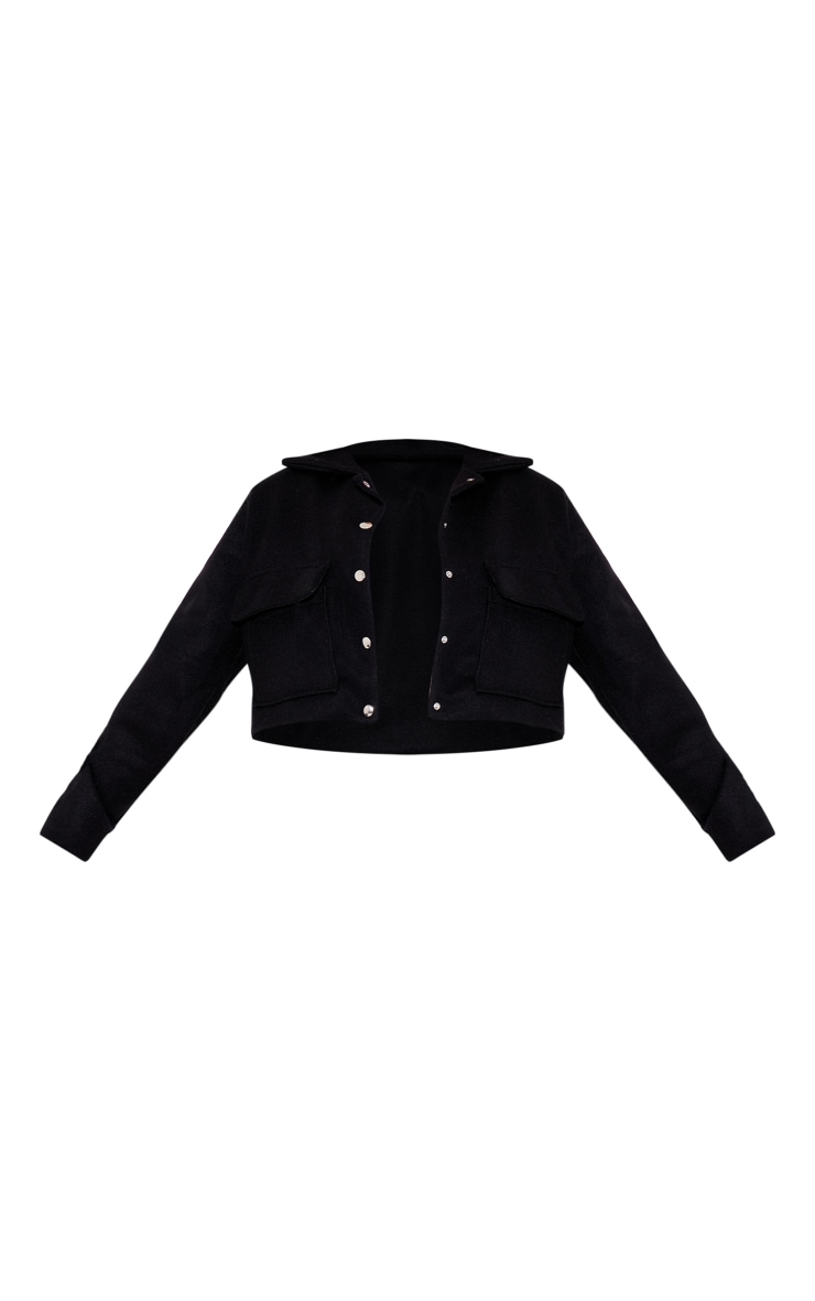 Black Wool Look Structured Shoulder Boxy Crop Jacket image 5