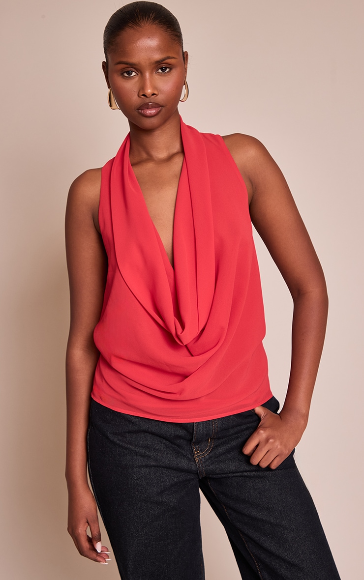 Tomato Red Chiffon Extreme Cowl Neck Detail Long Top image 1