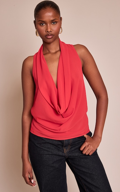 Top long en mousseline de soie rouge tomate à décolleté bénitier