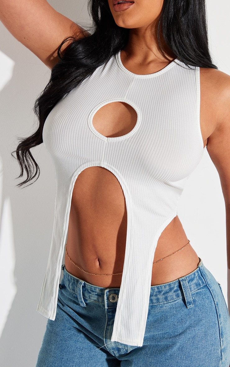 Shape White Ribbed Cut Out Detail Crop Top image 4